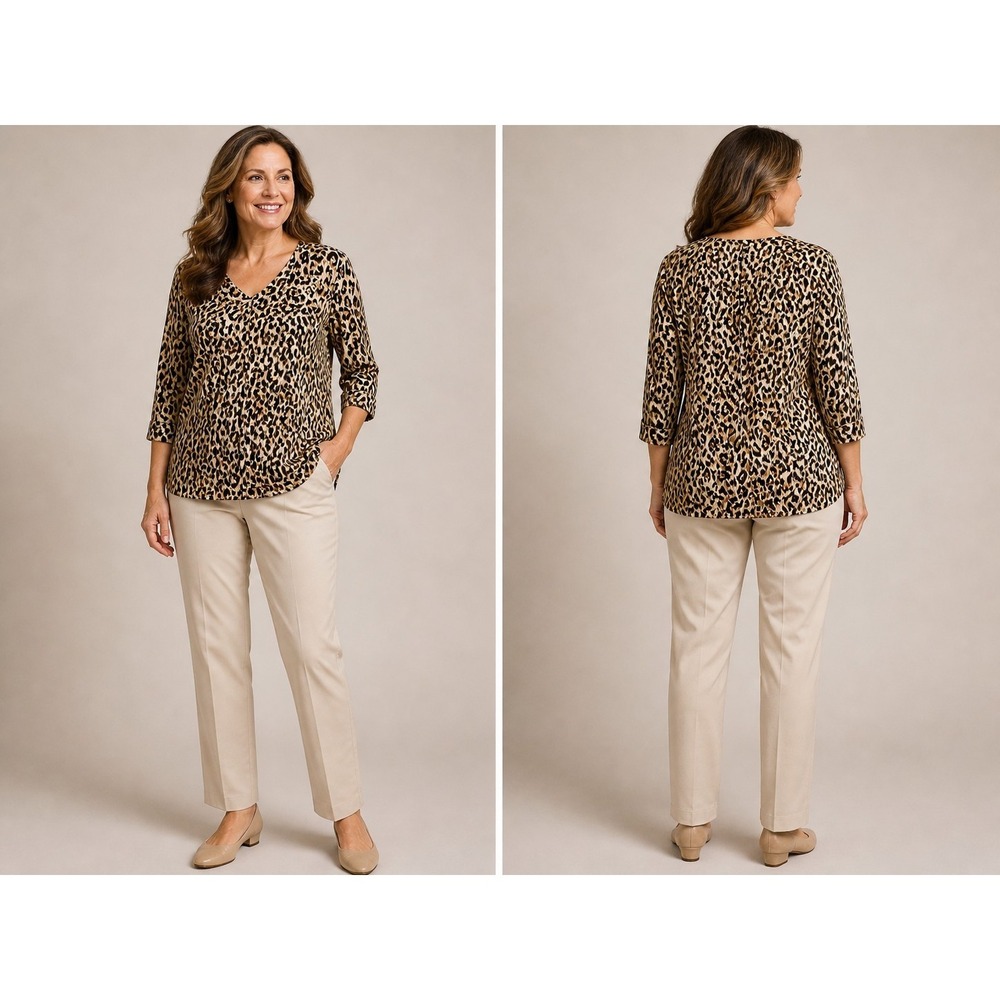 Essentials By Milano Leopard Print Blouse Womens Medium V Neck 3/4 Sleeve